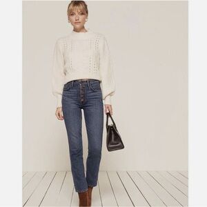 REFORMATION Winona Mid Rise Straight Leg Jean Baltic Denim Button Fly